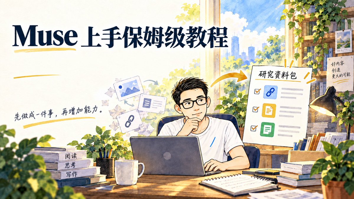 Muse 上手保姆级教程原创封面插画,作者展示从阅读资料到创建研究资料包的工作流程